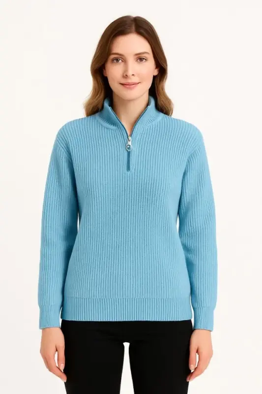 WOMEN Half-Zip Knit Sweater – Thessaloniki Knit, Mock Neck, Cotton Weave, Oversized Long Sleeve Winter Model - Baby Blue - 2