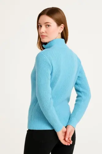 WOMEN Half-Zip Knit Sweater – Thessaloniki Knit, Mock Neck, Cotton Weave, Oversized Long Sleeve Winter Model - Baby Blue - 3