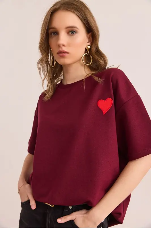 Women Heart Burgundy Embroidered Relaxed Fit 2 Thread T-Shirt - 1