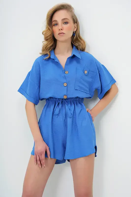 Women Indigo Blue Shirt Collar Double Pocket Shorts Jumpsuit ALC-X11611-INDIGO MAVI - 1