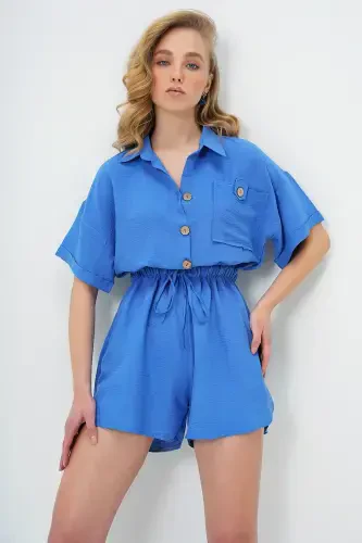 Women Indigo Blue Shirt Collar Double Pocket Shorts Jumpsuit ALC-X11611-INDIGO MAVI - 2