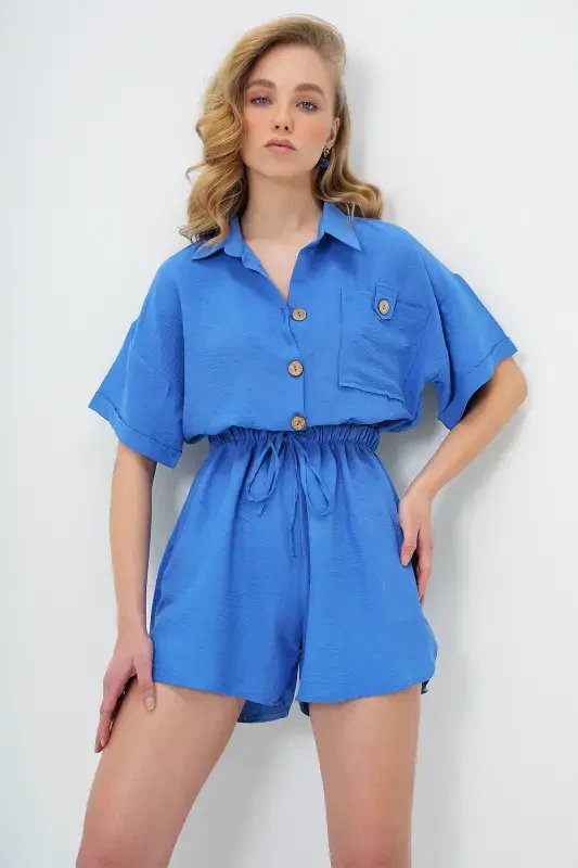 Women Indigo Blue Shirt Collar Double Pocket Shorts Jumpsuit ALC-X11611-INDIGO MAVI - 2