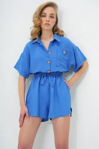 Women Indigo Blue Shirt Collar Double Pocket Shorts Jumpsuit ALC-X11611-INDIGO MAVI - 5