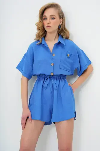 Women Indigo Blue Shirt Collar Double Pocket Shorts Jumpsuit ALC-X11611-INDIGO MAVI - 6
