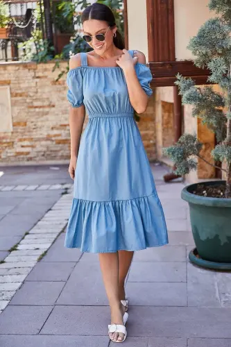 Women Indigo Elastic Waist Strap Dress ARM-21K001214-Indigo - ARMONIKA (1)