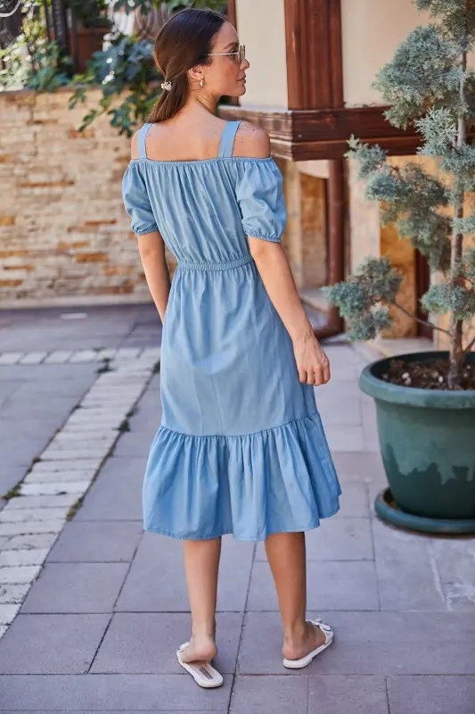 Women Indigo Elastic Waist Strap Dress ARM-21K001214-Indigo - 3