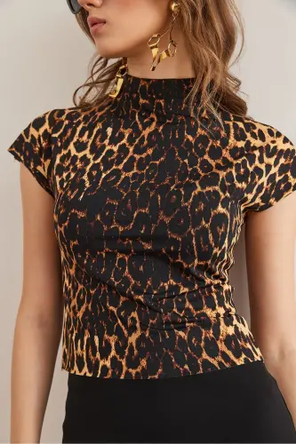 Women Leopard Black Turtleneck Batwing Crop Micro Blouse - 6
