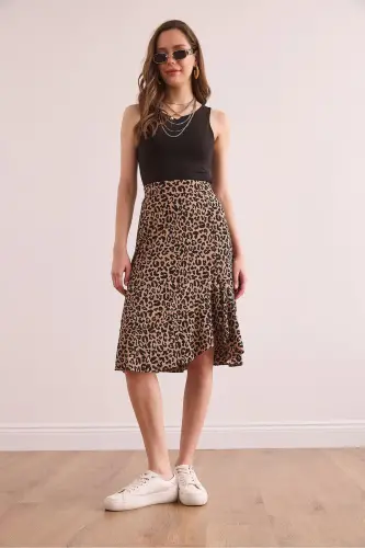 Women Leopard Camel Ruffled Ribbed Flowy Skirt E - 1