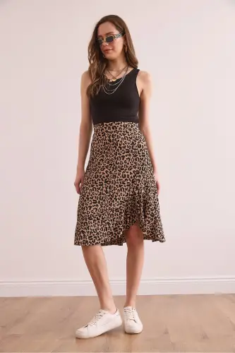 Women Leopard Camel Ruffled Ribbed Flowy Skirt E - OLALOOK (1)