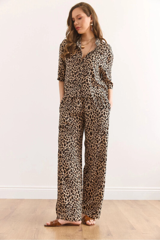 Women Leopard Camel Top Shirt Bottom Pocketed Pants V - 1