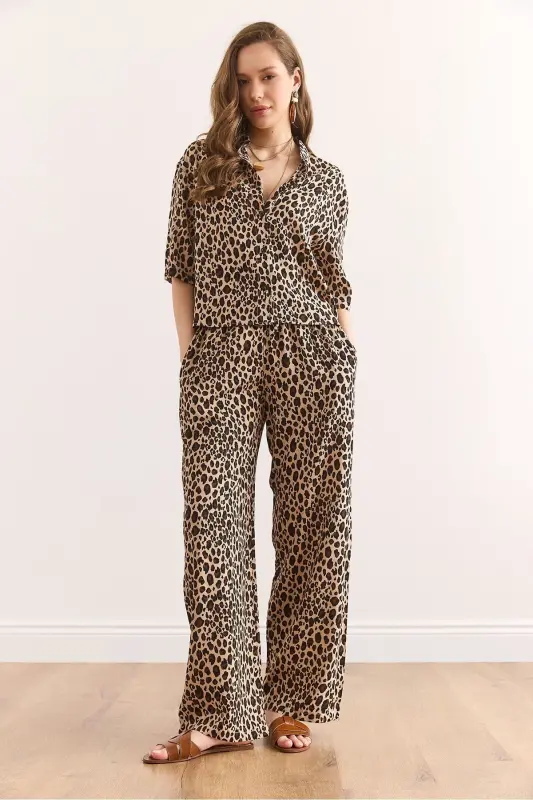 Women Leopard Camel Top Shirt Bottom Pocketed Pants V - 2