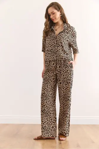 Women Leopard Camel Top Shirt Bottom Pocketed Pants V - 4