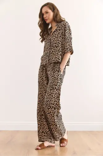 Women Leopard Camel Top Shirt Bottom Pocketed Pants V - 6