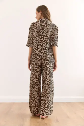 Women Leopard Camel Top Shirt Bottom Pocketed Pants V - 8