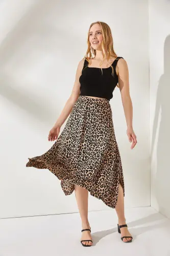 Women Leopard Mink Asymmetric Patterned Skirt ETK-1900 - 3