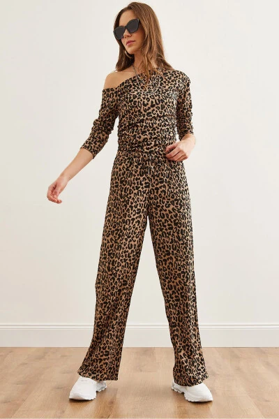Women Leopard Print Top Boat Neck Blouse Palazzo Pants Set TKM-19000311 - OLALOOK