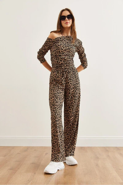 Women Leopard Print Top Boat Neck Blouse Palazzo Pants Set TKM-19000311 - 4
