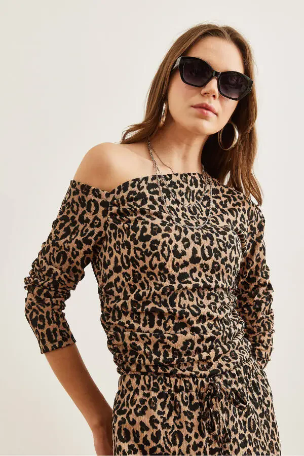 Women Leopard Print Top Boat Neck Blouse Palazzo Pants Set TKM-19000311 - 6