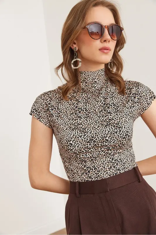 Women Leopard Stone Stand Collar Batwing Crop Micro Blouse B - 1