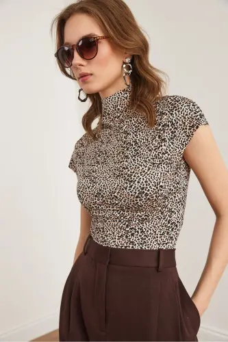 Women Leopard Stone Stand Collar Batwing Crop Micro Blouse B - 5