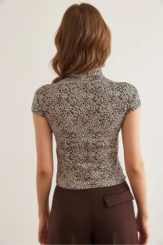 Women Leopard Stone Stand Collar Batwing Crop Micro Blouse B - 8