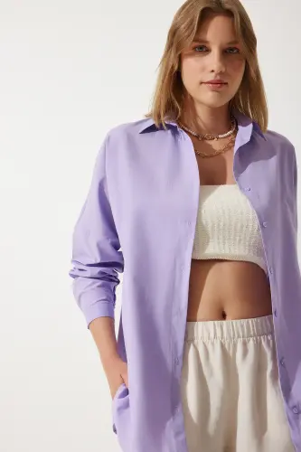 Women Lila Oversize Long Basic Shirt DD00842-Lila - 2
