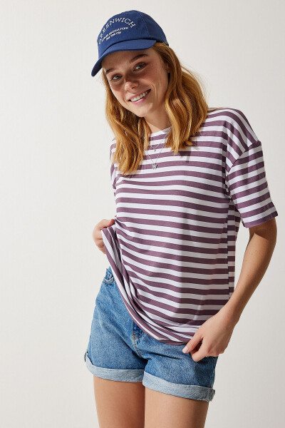 Women Lilac Bicycle Neck Striped Oversized Knit T-Shirt EN00609 - HAPPINESS İSTANBUL