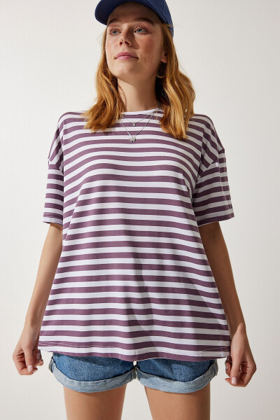 Women Lilac Bicycle Neck Striped Oversized Knit T-Shirt EN00609 - HAPPINESS İSTANBUL (1)