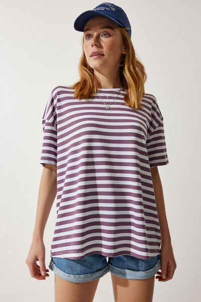Women Lilac Bicycle Neck Striped Oversized Knit T-Shirt EN00609 - 3