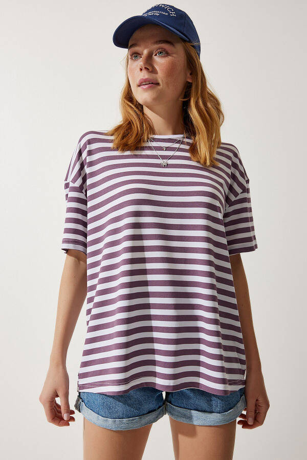 Women Lilac Bicycle Neck Striped Oversized Knit T-Shirt EN00609 - 3