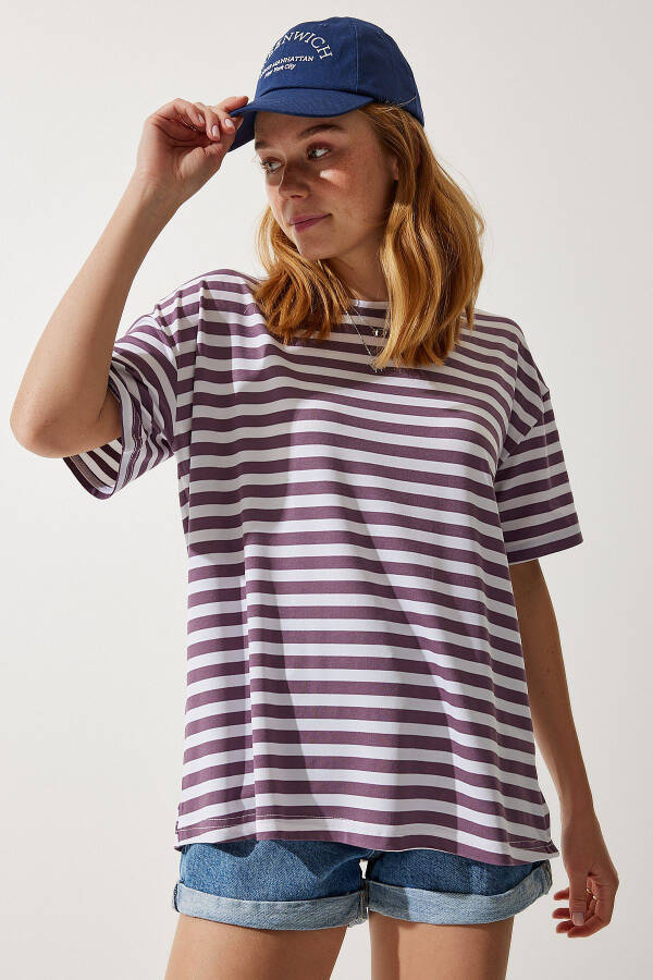 Women Lilac Bicycle Neck Striped Oversized Knit T-Shirt EN00609 - 4
