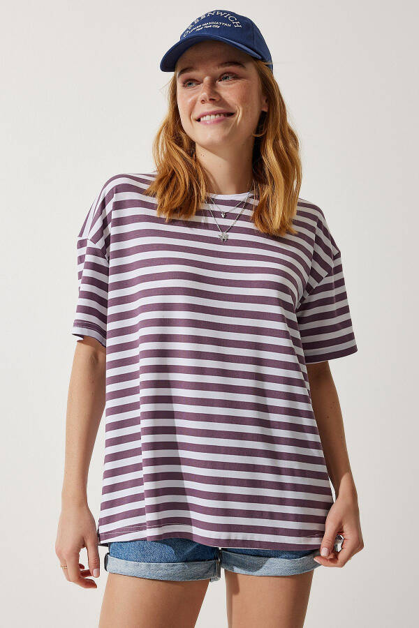 Women Lilac Bicycle Neck Striped Oversized Knit T-Shirt EN00609 - 5