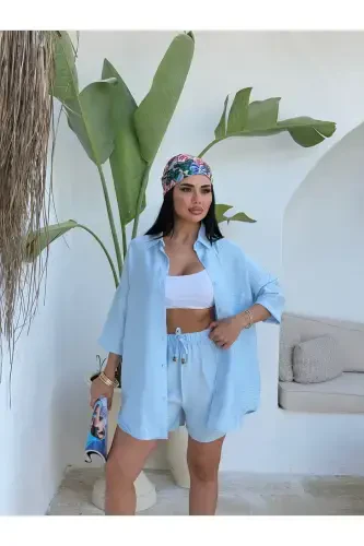 Women Linen Fabric Oversize Shirt Shorts Set-Light Blue - 1