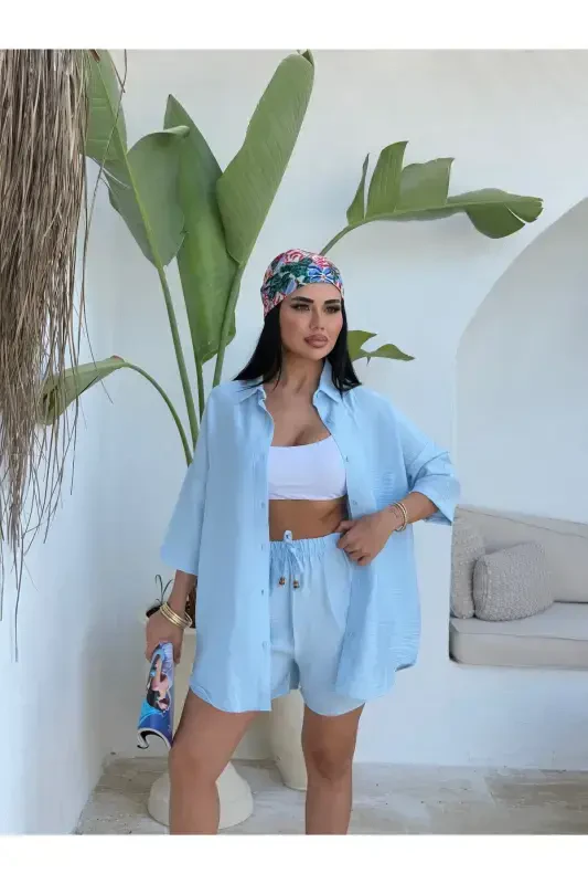 Women Linen Fabric Oversize Shirt Shorts Set-Light Blue - 1