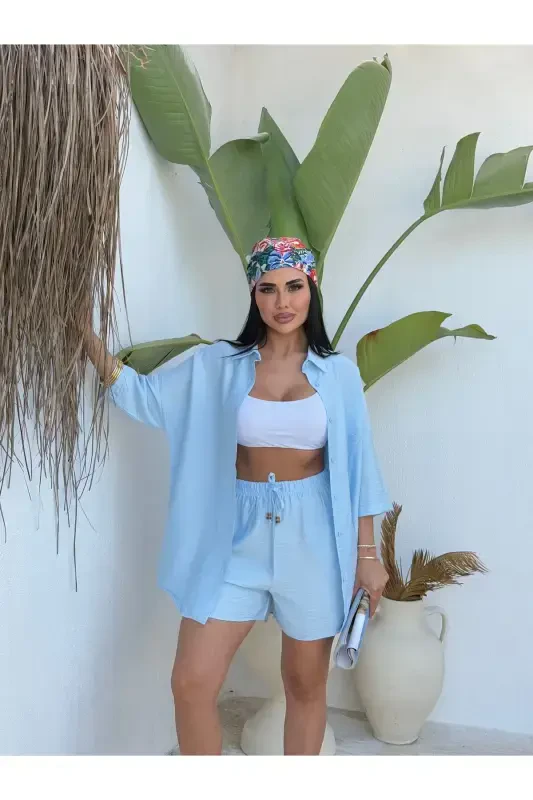 Women Linen Fabric Oversize Shirt Shorts Set-Light Blue - 3