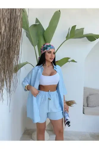 Women Linen Fabric Oversize Shirt Shorts Set-Light Blue - 4