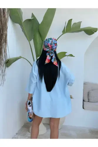 Women Linen Fabric Oversize Shirt Shorts Set-Light Blue - 7