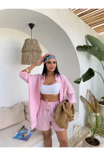Women Linen Fabric Oversize Shirt Shorts Set-Pink 