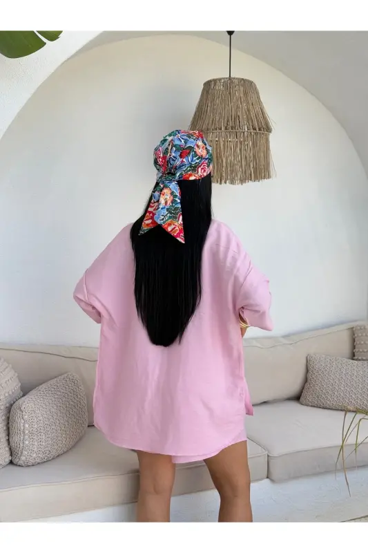 Women Linen Fabric Oversize Shirt Shorts Set-Pink - 7
