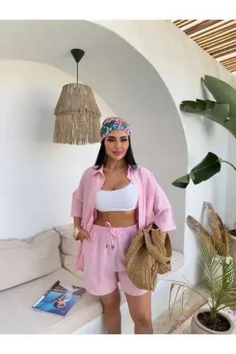 Women Linen Fabric Oversize Shirt Shorts Set-Pink - 3