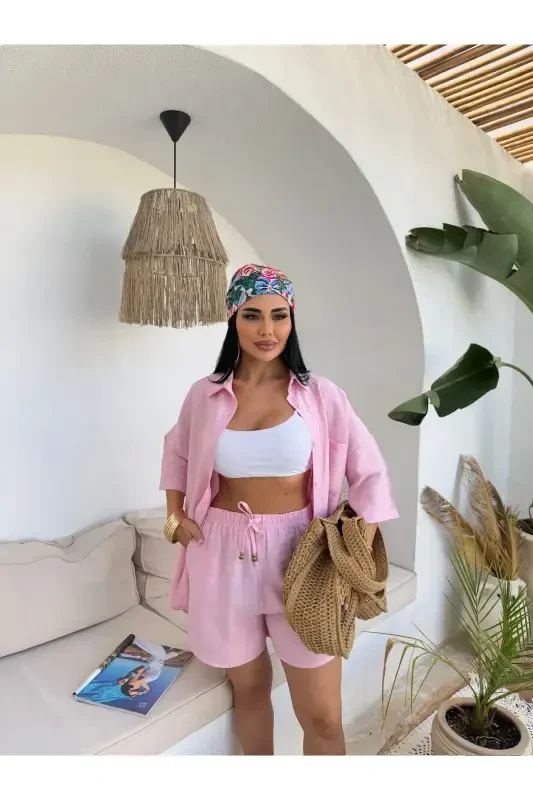 Women Linen Fabric Oversize Shirt Shorts Set-Pink - 3