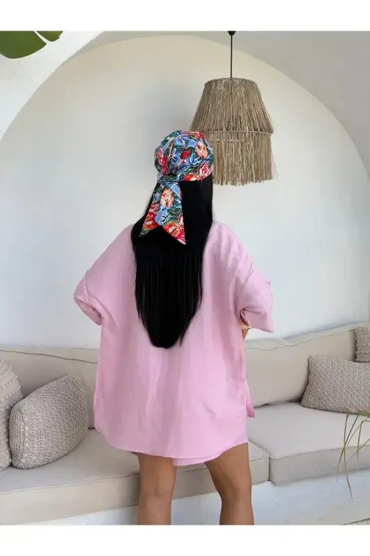 Women Linen Fabric Oversize Shirt Shorts Set-Pink - 7
