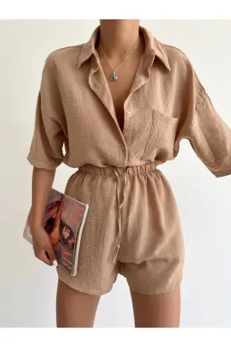 Women Linen Fabric Oversize Shirt Shorts Set-STONE 