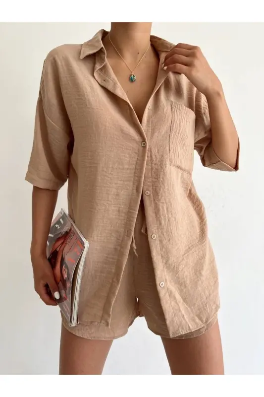 Women Linen Fabric Oversize Shirt Shorts Set-STONE - 2