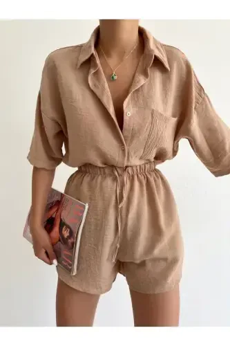 Women Linen Fabric Oversize Shirt Shorts Set-STONE - 1