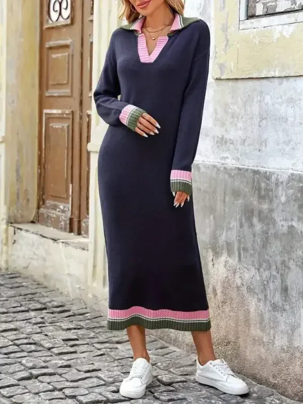 Women Long Sleeve Collar Multi Color Knitted Long Dress - 2