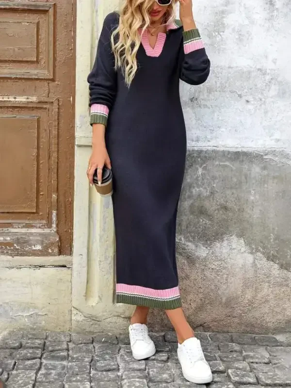 Women Long Sleeve Collar Multi Color Knitted Long Dress - 3