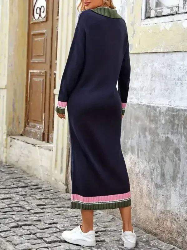 Women Long Sleeve Collar Multi Color Knitted Long Dress - 5