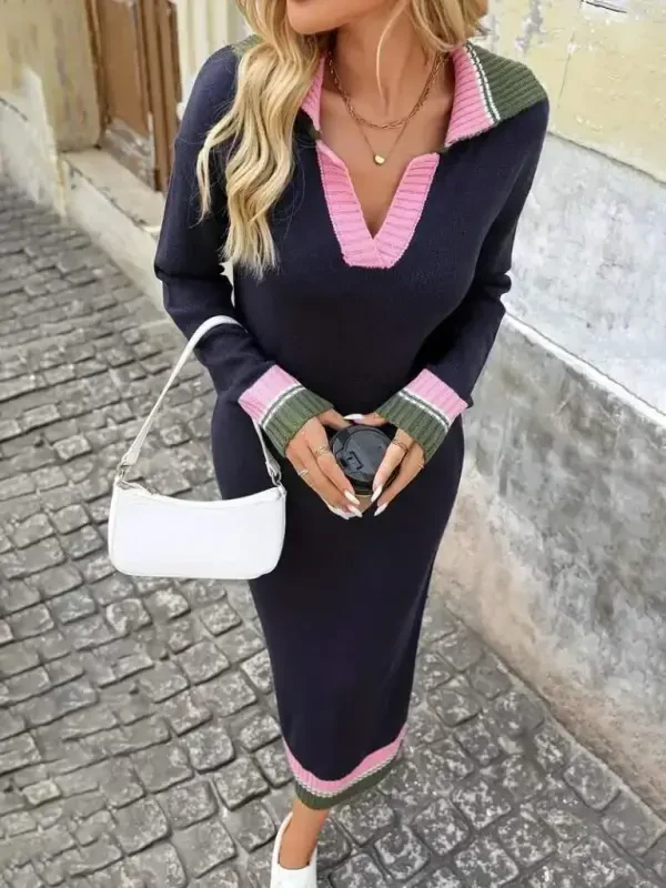 Women Long Sleeve Collar Multi Color Knitted Long Dress - 6
