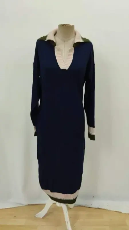 Women Long Sleeve Collar Multi Color Knitted Long Dress - 8